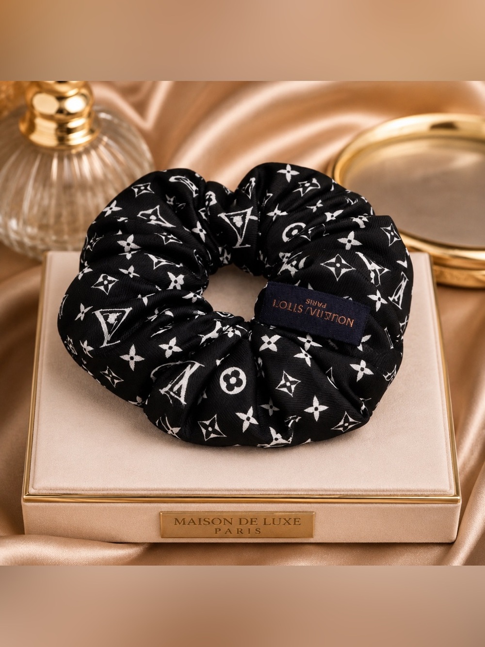 Black and White LV Monogram Hair Scrunchie